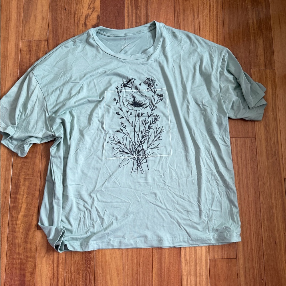 SHEIN Oversized Light Sage Short-Sleeve Floral Graphic Tee